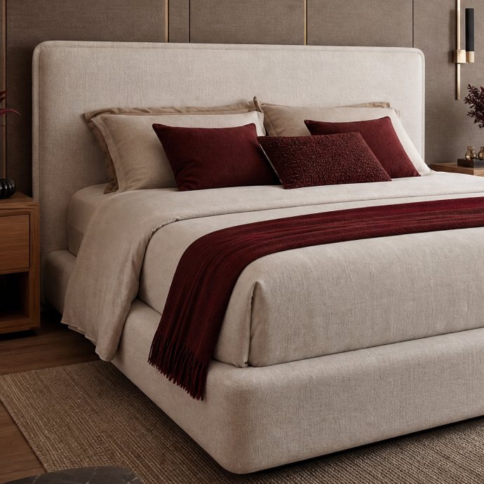 Cama estofada com roupa de cama clara e detalhes em vinho